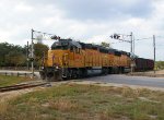 UP 1443  14Nov2011  Crossing Hunter Rd at TXI's Hunter Cement Plant 